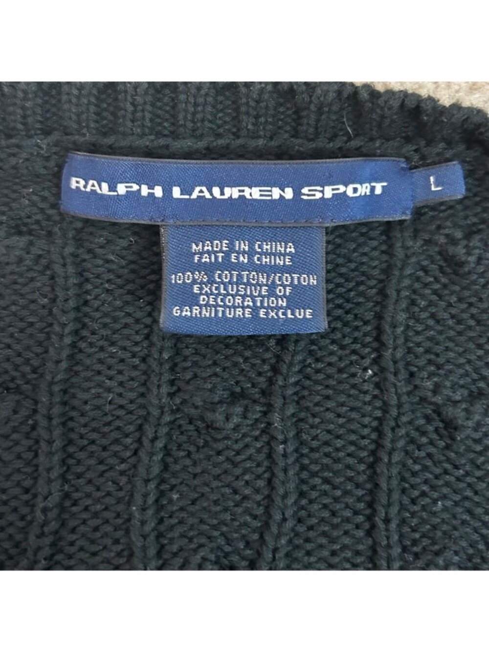 Vtg Ralph Lauren Sport Black Cable Knit V-neck Sweater Old Money Y2K Size Large - Picture 5 of 5